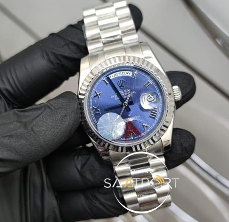 Rolex Saat Day Date Roma Rakamlı Mavi Kadran Tırtıklı Bezel Otomatik Mekanizma