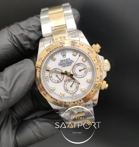 Rolex Saat Otomatik Daytona Taşlı Beyaz Kadran Gold Bezel Çelik Kordon