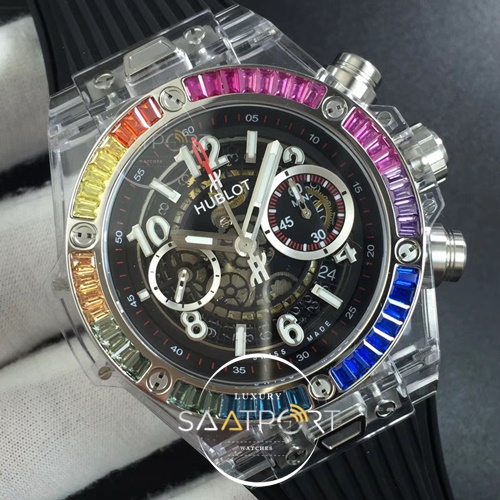 Hublot Big Bang Unico Magic Sapphire 45mm OXF Best Edition Rainbow Crystal Bezel White Dial on Black Rubber Strap A1242