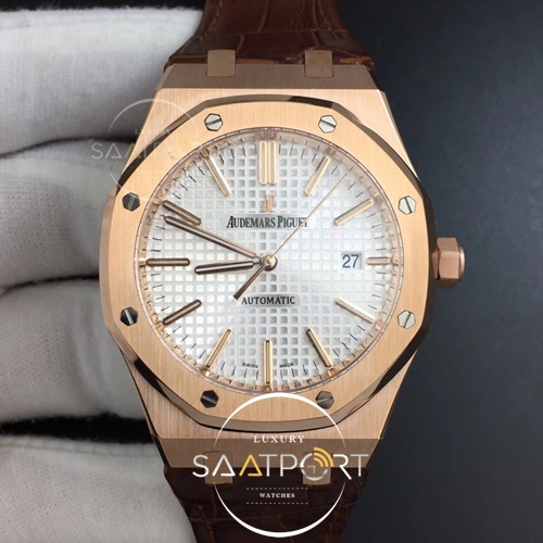 Royal Oak 41mm 15400 RG BF 1-1 Best Edition Silver Textured Dial on Brown Leather Strap A3120 V4