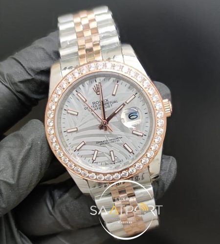 Rolex Saat Datejust Taşlı Bezel Desenli Gri Kadran Otomatik Jubile Kordon