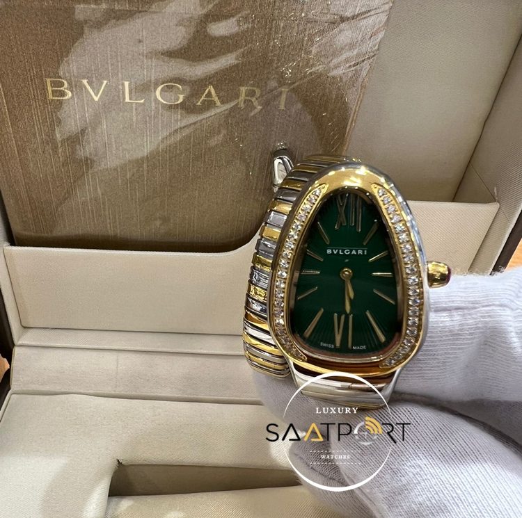 Bvlgari Serpenti Taşlı Gold Bezel Roma Rakamlı Yeşil Kadran