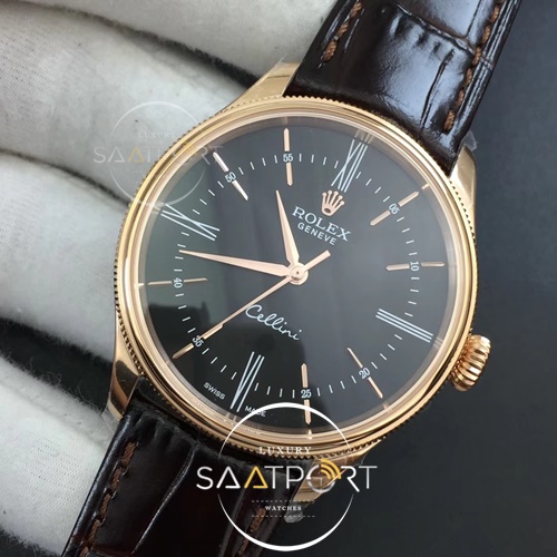 Rolex Cellini Time 50509 RG MKF Best Edition Black Dial Roman Marker on Brown Leather Strap A3132 V4