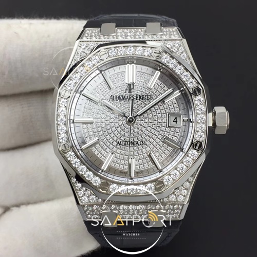 Royal Oak 37mm Full Paved Diamonds JF 1-1 Best Edition Diamonds Dial on Gray Leather Strap A3120