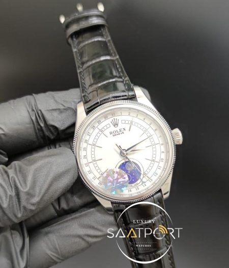 Rolex Saat Cellini Otomatik Mekanizma Moonphase Modeli Siyah Deri Kordon