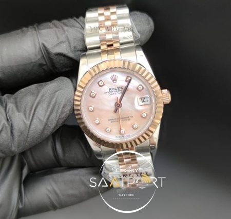 Rolex Datejust Taşlı Pembe Kadran Tırtıklı Bezel Jubile Kordon Otomatik Mekanizma