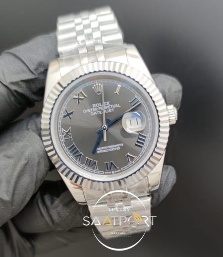 Rolex Saat Datejust Oyster Perpetual Roma Rakamlı Gri Kadran Tırtıklı Çelik Bezel