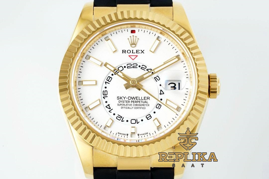 Rolex Sky Dweller 336238 Beyaz Kadran 904L Gold Oysterflex 9002 Super Clone ETA
