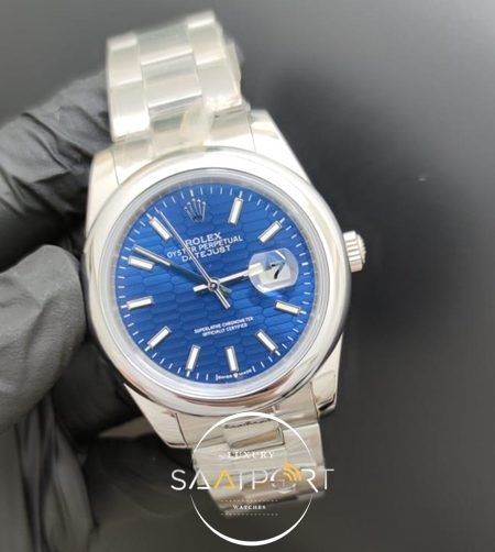 Rolex Saat Datejust 41mm Desenli Mavi Kadran Düz Çelik Bezel