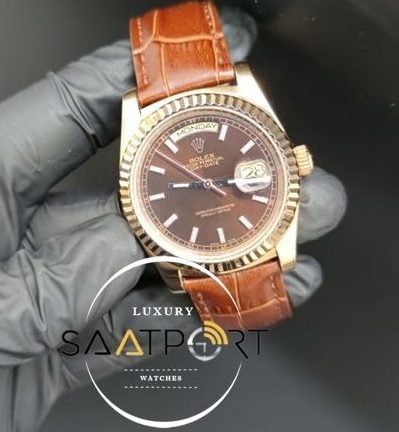 Rolex Saat Day Date Otomatik 41mm Kahve Kadran Tırtıklı Gold Bezel