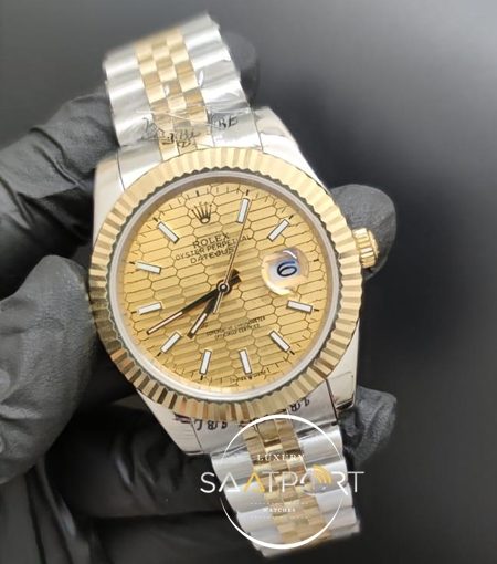 Rolex Saat Datejust Desenli Gold Kadran Tırtıklı Bezel Jubile Kordon