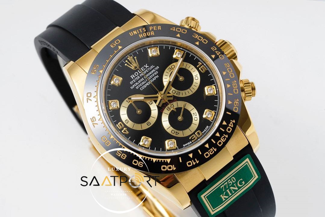 Rolex Daytona 116518 King Factory Taşlı Siyah Kadran 40 mm 904L Gold Kasa Super Clone ETA