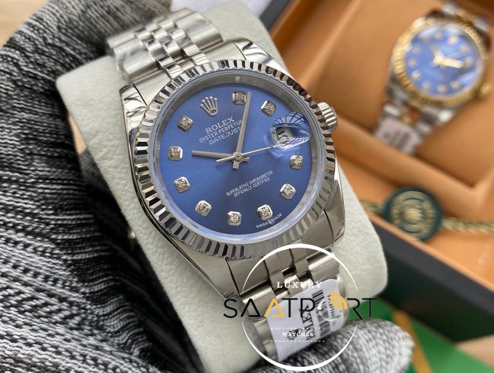 Rolex Saat Datejust Tırtıklı Çelik Bezel Taşlı Mavi Kadran Jubile Çelik Kordon