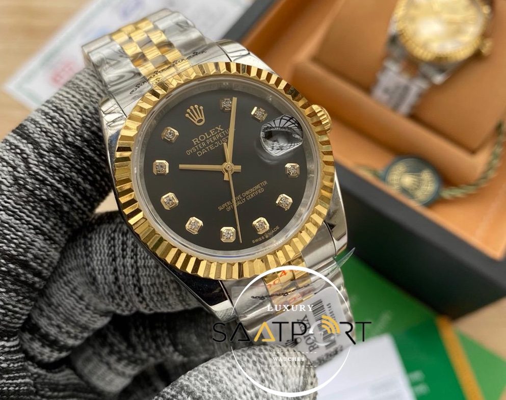 Rolex Saat Datejust Tırtıklı Gold Bezel Taşlı Siyah Kadran Jubile Çelik Kordon