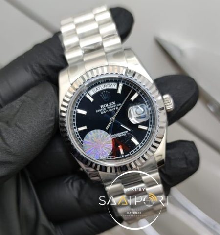 Rolex Saat Day Date Otomatik Mekanizma Siyah Kadran Tırtıklı Bezel