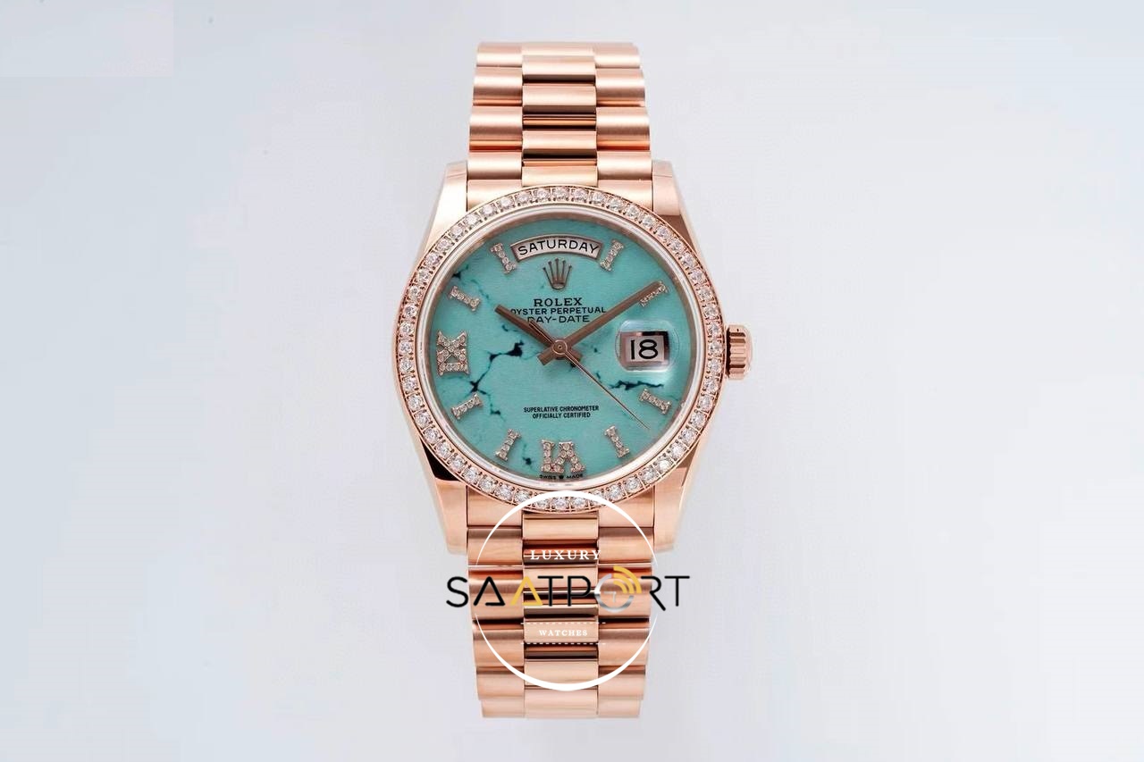 Rolex Day-Date 128345 904L Rose 36mm Turkuaz Taşlı Bezel 3255 ETA