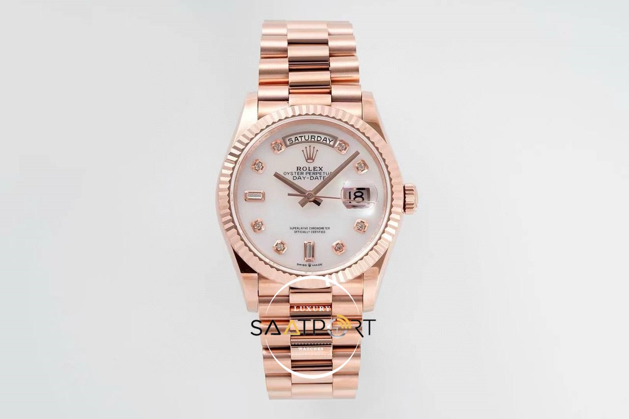 Rolex 128235 Day-Date Taşlı Beyaz Kadran 904L Rose 36mm 3255 ETA