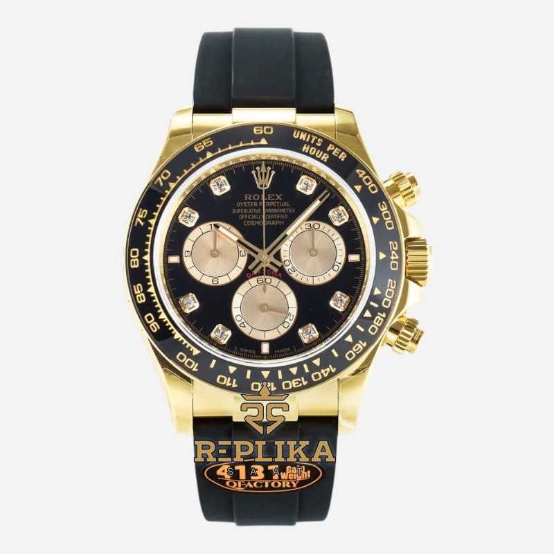 Rolex Daytona Gold 126518LN Taşlı Siyah Kadran QF Factory 40mm Oysterflex 4131 Super Clone ETA