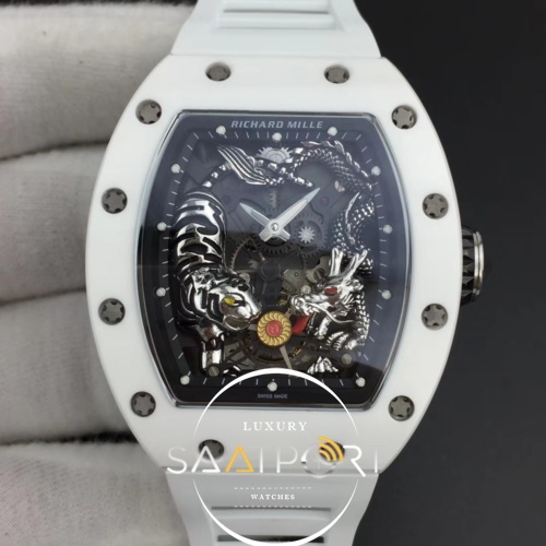 RM 51-01 White Ceramic Tiger & Dragon KVF Best Edition on White Rubber Strap