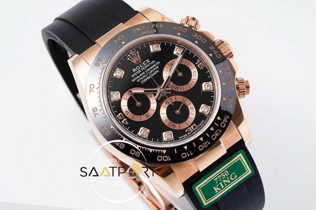 Rolex Daytona 116515 King Factory Taşlı Siyah Kadran 40 mm 904L Rose Kasa Super Clone ETA