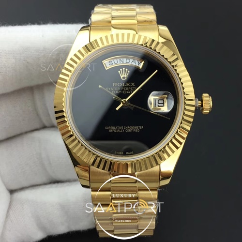 Rolex Day-Date 41 JWF YG Fluted Bezel Black Dial on YG Oyster Swiss Eta 2836