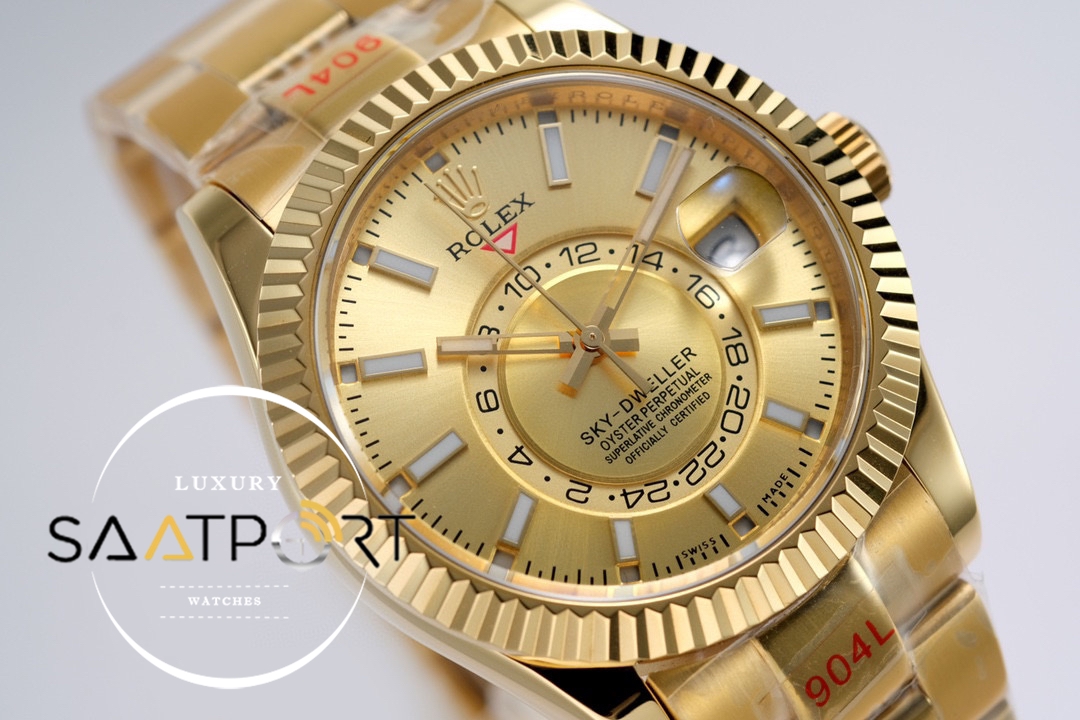 Rolex Sky-Dweller 42mm Gold Kadran Tırtıklı Bezel 904L Çelik Super Clone 9001 ETA