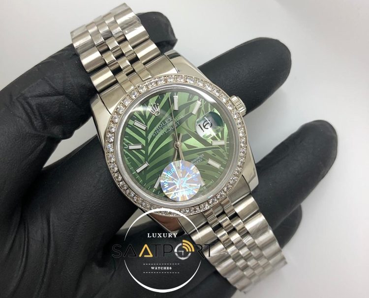 Rolex Saat Datejust Baget Taşlı Bezel Desenli Yeşil Kadran Jubile Çelik Kordon