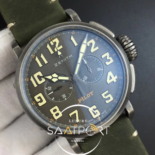 Zenith Heritage Pilot Ton-up Aged Case XF Green Nubuck Strap