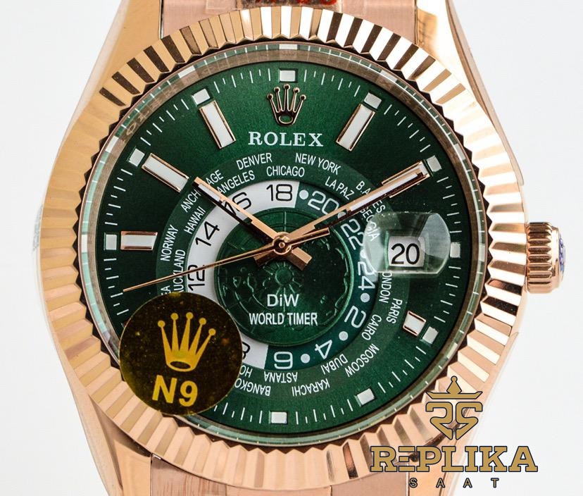 Rolex Sky-Dweller Rose Diw World Timer Green Dial 42mm Oyster Bracelet Super Clone ETA