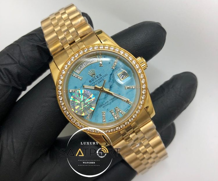 Rolex Saat Day Date Taşlı Gold Bezel Gold Kasa Roma Rakamlı Taşlı Turkuaz Kadran Jubile