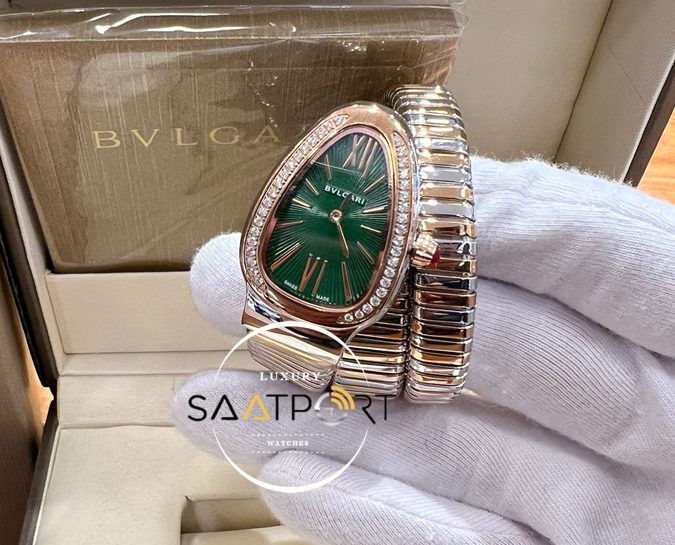 Bvlgari Yılan Serpenti Baget Taşlı Gold Gümüş Kasa Yeşil Kadran