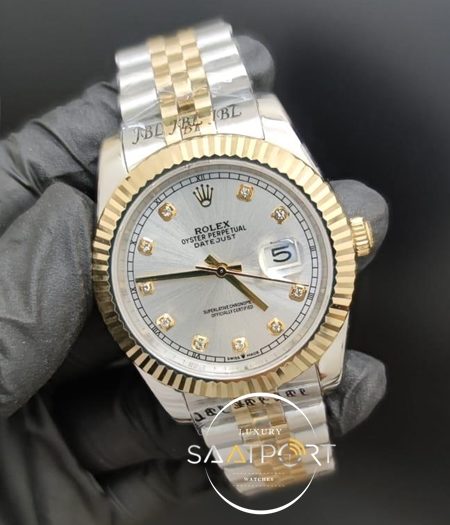 Rolex Saat Datejust Baget Taşlı Gri Kadran Tırtıklı Gold Bezel