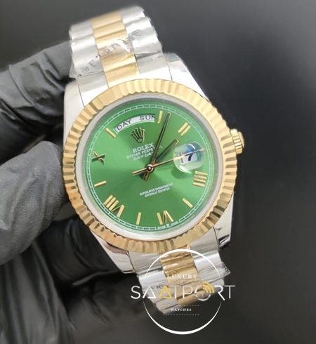 Rolex Saat Day Date Otomatik 41mm Roma Rakamlı Yeşil Kadran Tırtıklı Bezel