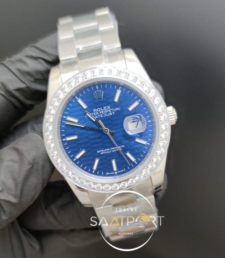 Rolex Saat Datejust Taşlı Bezel Desenli Mavi Kadran Otomatik Mekanizma