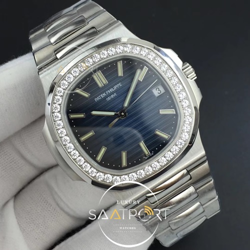 Nautilus Jumbo 5711 SS PF 1-1 Best Edition Blue Textured Dial Diamonds Bezel on SS Bracelet A324 Clone V2