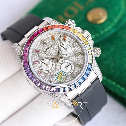 Eta Saat Rolex Daytona 116599 Rainbow Gümüş Full Baget 4130 Eta Mekanizma