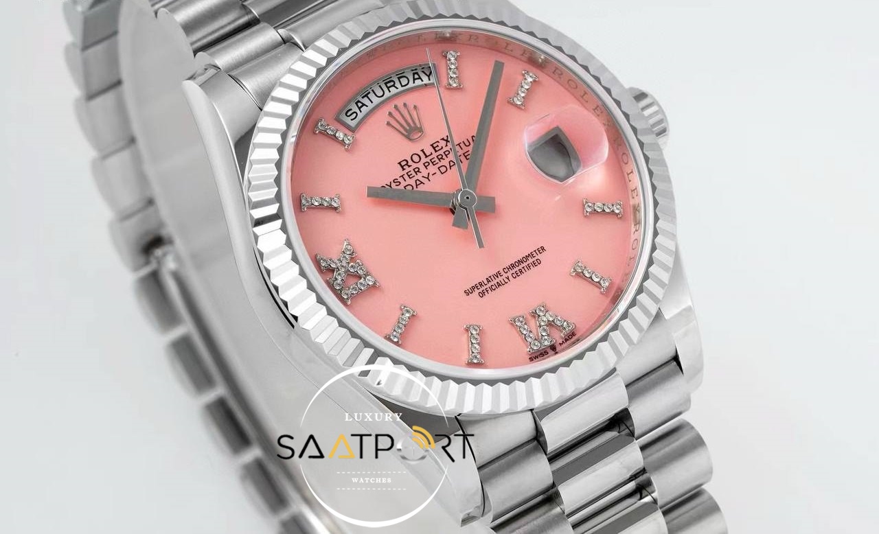 Rolex Day-Date 128236 904L Çelik 36mm Taşlı Pembe Kadran 3255 ETA