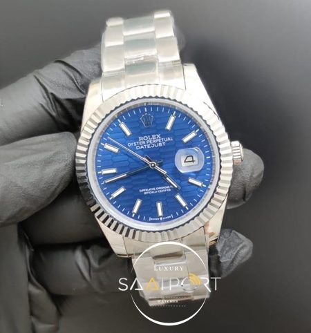 Rolex Saat Datejust 41mm Desenli Mavi Kadran Tırtıklı Çelik Bezel