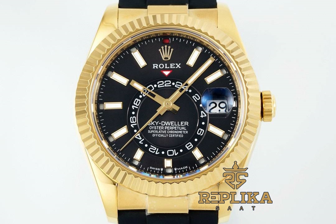 Rolex Sky Dweller 336238 Siyah Kadran 904L Gold Oysterflex 9002 Super Clone ETA