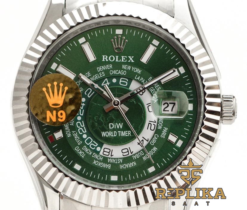 Rolex Sky-Dweller 904L Diw World Timer Yeşil Kadran 42mm Oyster Bracelet Super Clone ETA