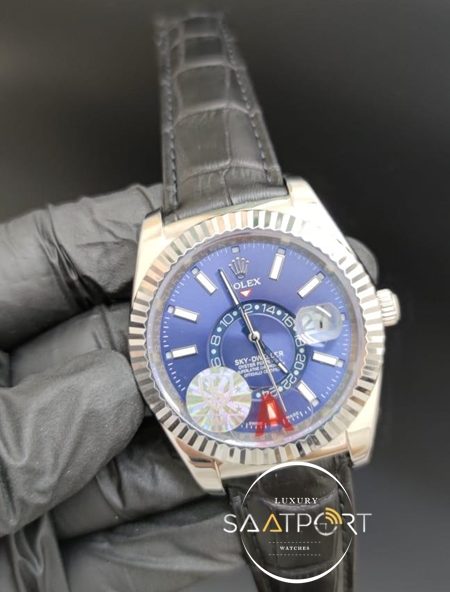 Rolex Saat Sky Dweller Otomatik Mekanizma Tırtıklı Bezel Deri Kordon