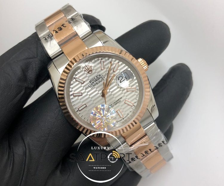 Rolex Saat Datejust Tırtıklı Rose Bezel Desenli Gri Kadran Oyster Rose Çelik Kordon