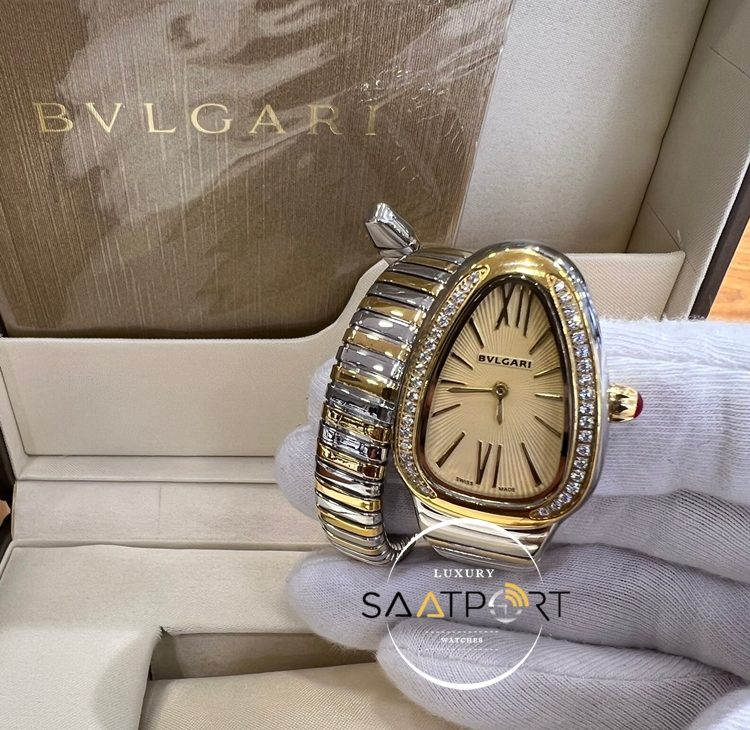 Bvlgari Taşlı Gold Bezel Serpenti Modeli Roma Rakamlı Sarı Kadran