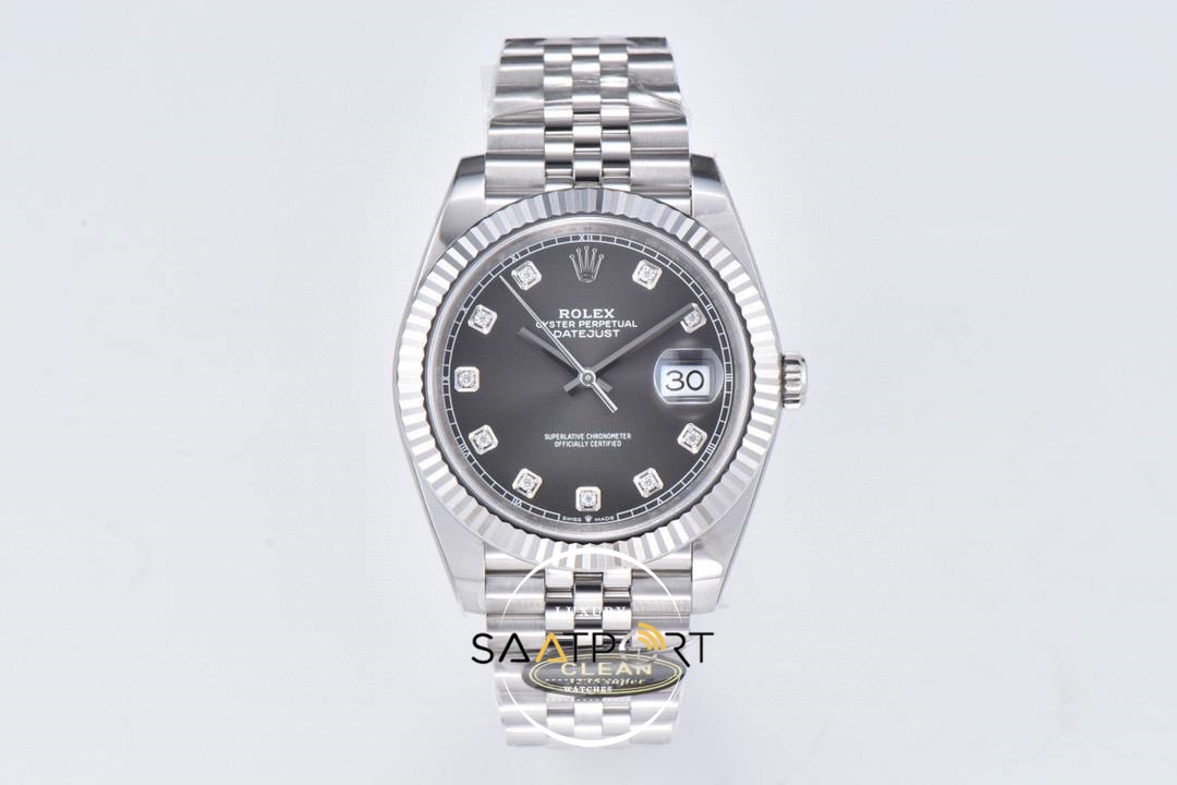 Rolex 41mm Datejust Taşlı Gri Kadran 904L Clean Factory 3235 Super Clone ETA